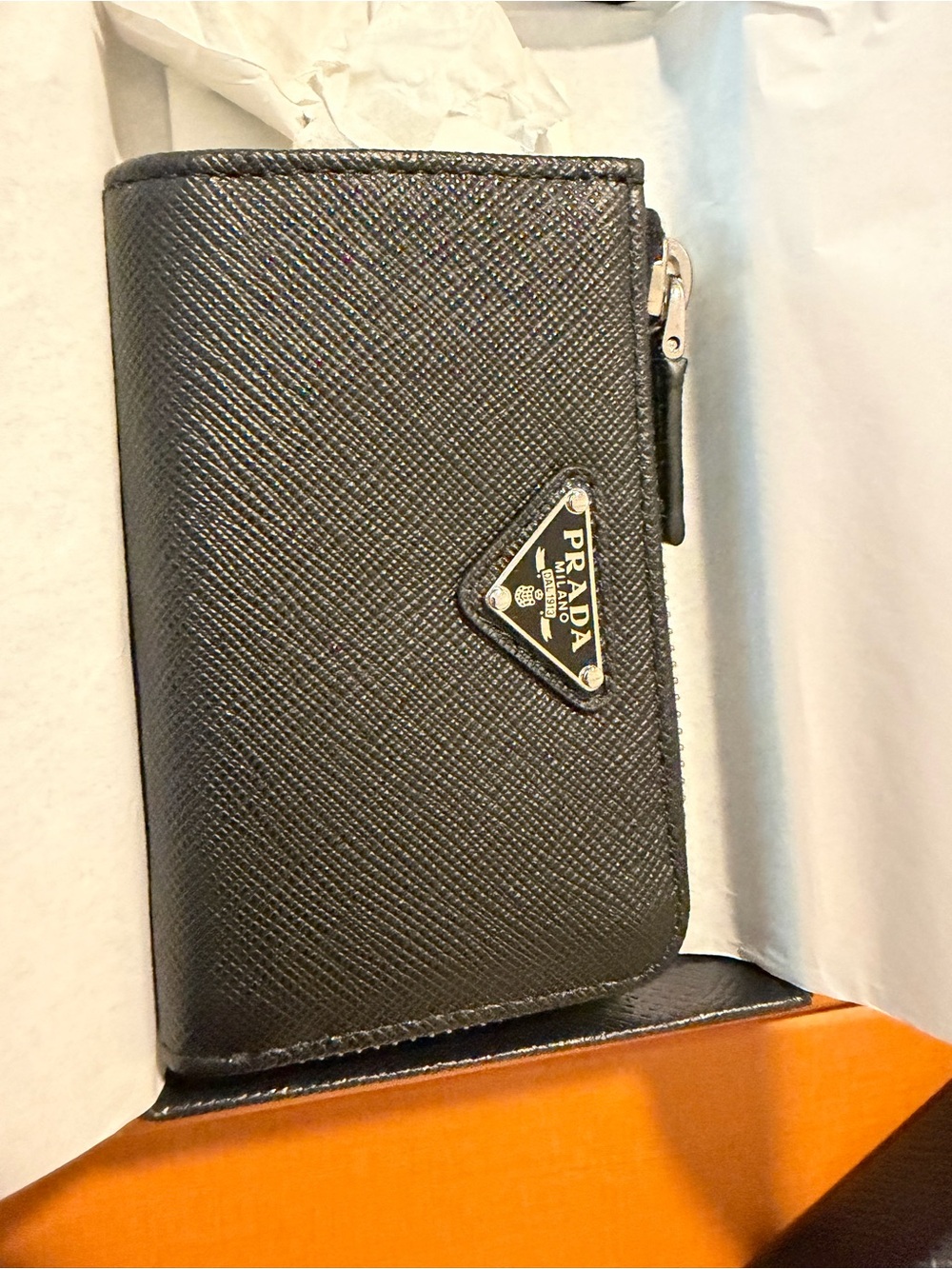 Prada Black Saffiano mini pouch keychain giftable